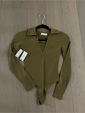 Babaton Olive Collared V-Neck Long-Sleeve Bodysuit